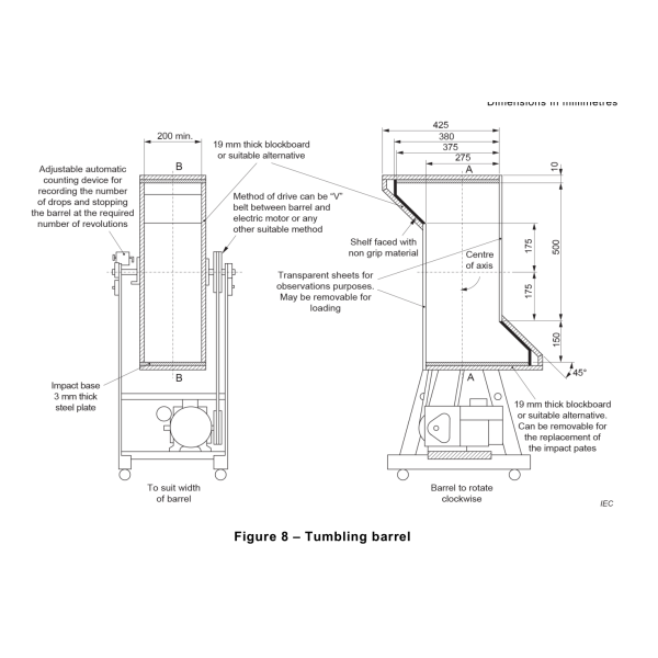 IEC 60730-1 Tumbling Barrel Tester with 500mm Fall Height 5 RPM Rotation Speed and 3mm Steel Impact Surface