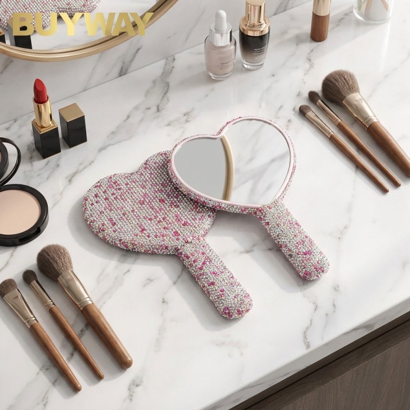 Diamond Encrusted Beauty Mirror With Compact Handle And Personalizable Options