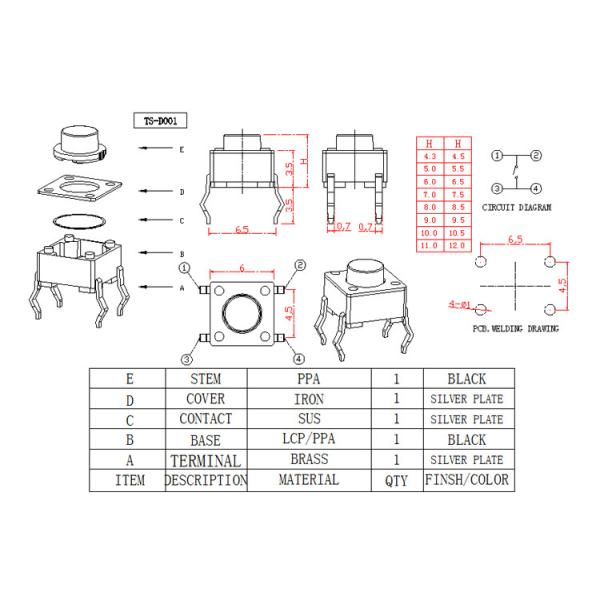 12 V Voltage Momentary Tactile Push Button Switch Reflow Solderable 4 Pin DIP Type
