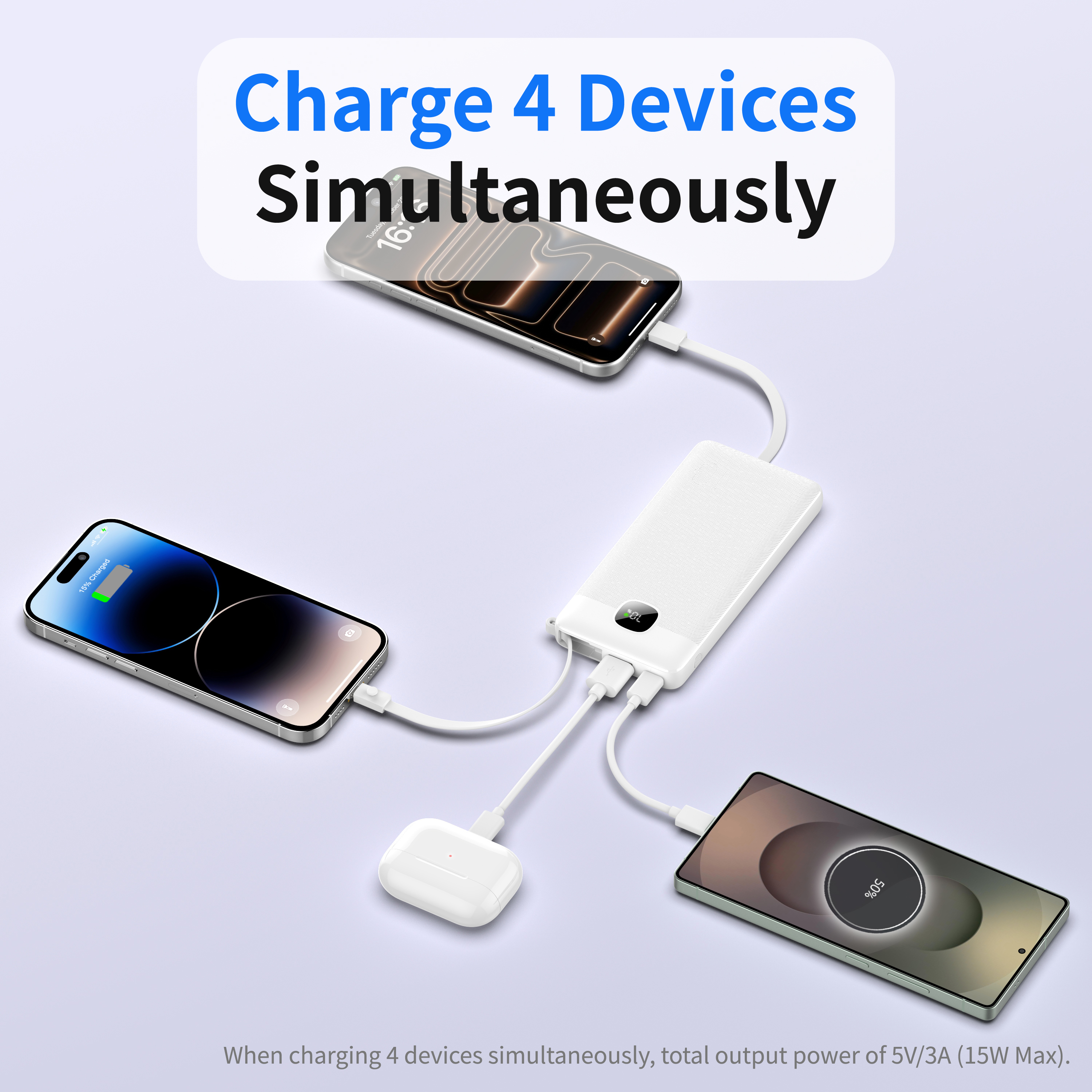10000mAh Fast Charging Power Bank With 3 Built‑in Cables(Type‑C, Lightning, USB), Type‑C Input & Output Port, USB‑A Output Port, LCD Digital Battery Display Portable External Battery Pack