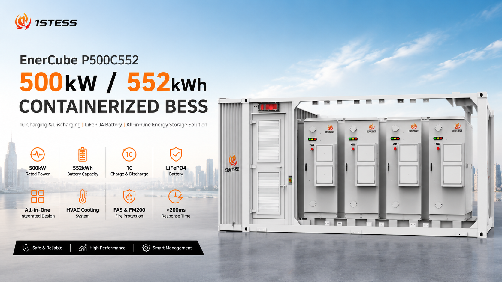 EnerCube 500kW 552kWh Containerized BESS with 1C Charging and Discharging Battery Energy Storage System