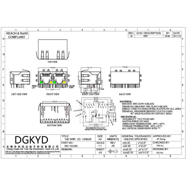 PCMCIA Net Card 2 Port RJ45 With Magnetics Transformer Tab Down KRJ-201DNL