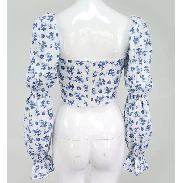 Фабрика одежды на заказ женская повседневная цветочная печать с квадратным вырезом сзади молния колокольчик с длинным рукавом укороченный топ блузка