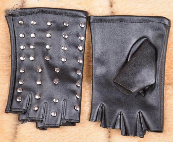 Black PU Leather Studded Lined Biker Punk Driving Fingerless gloves Eyelets Gloves