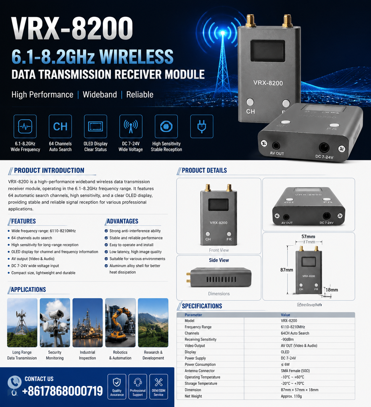 Kimpok VRX-8200 6.1-8.2GHz High Performance Video Receiver Module 120 Channels OLED Screen Signal Receiver
