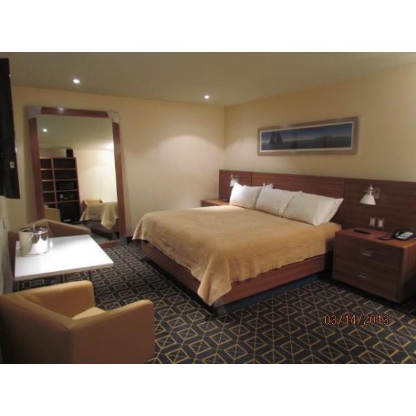 Budget Hotel Bedroom Furniture Laminated Cherry wood Double Bed with Headboard and Reception Sofa Teatable