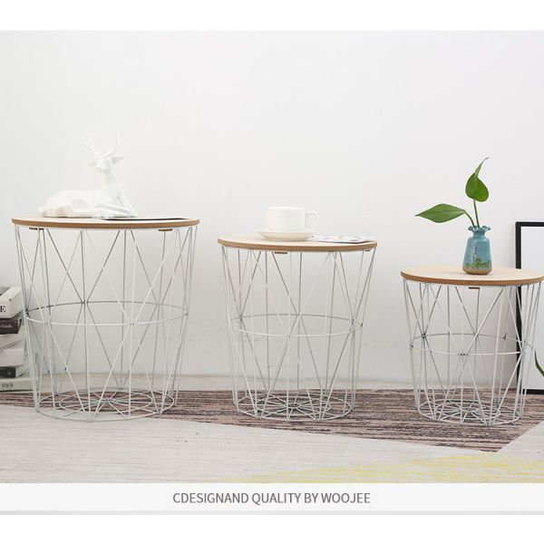 Modern Nightstand End Table Round Side Table Metal Mesh Base Wood Top Small Accent Coffee Table for Living Room Bedroom Office