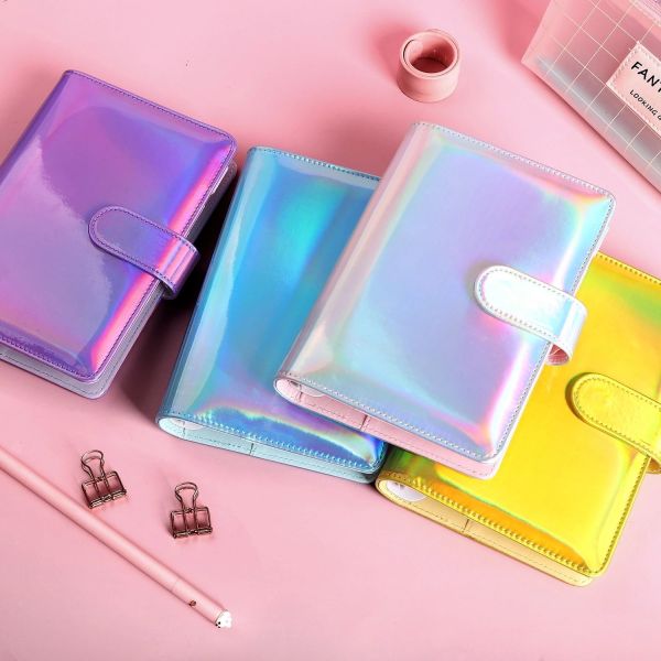 A6 Holographic 6 Ring Cash Envelope Savings Organizer Planner Cover Rainbow Pu Leather A5 Budget Saving Binder