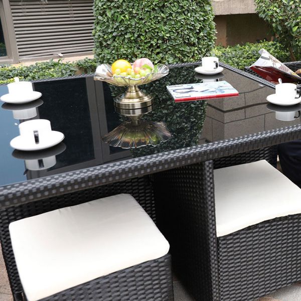 8 Seater Outdoor Rattan Chairs Courtyard Garden Space Saving Tempered Glass Coffee Table Set