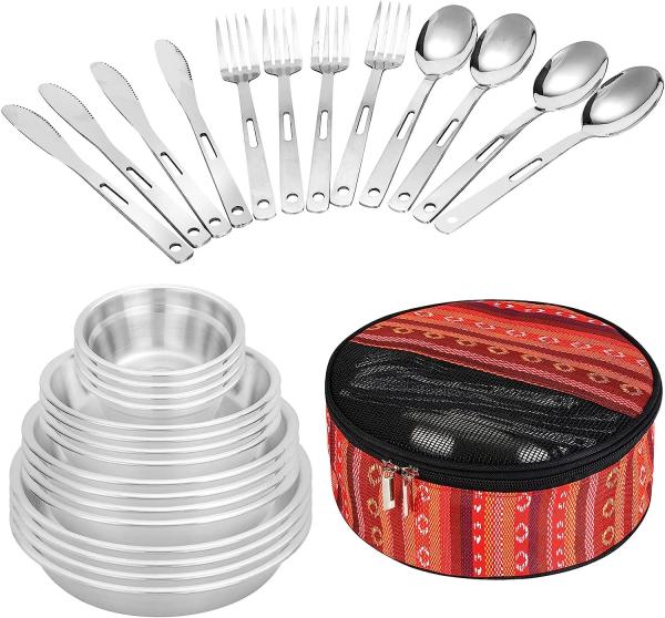 Stainless Steel Camping Plates Cups And Bowls Set. Camping Dish Set, Camping Mess Kits, Dinnerware Set