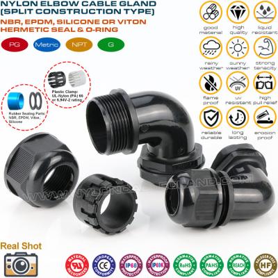 Presse-étoupes métriques IP68 à angle droit de type divisé (coude à 90°) avec contre-écrous et joints EPDM