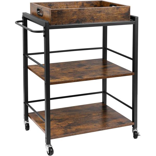 Food Serving Oak Wood Catering Modern Kitchen Cart Trolley 3 Tier Rustic Brown