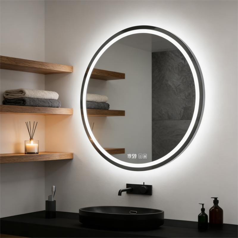 Kingstin Round LED Bathroom Mirror with Lights - Anti-Fog Illuminated Vanity Mirror Wall Mounted for Bathroom & Hotel
