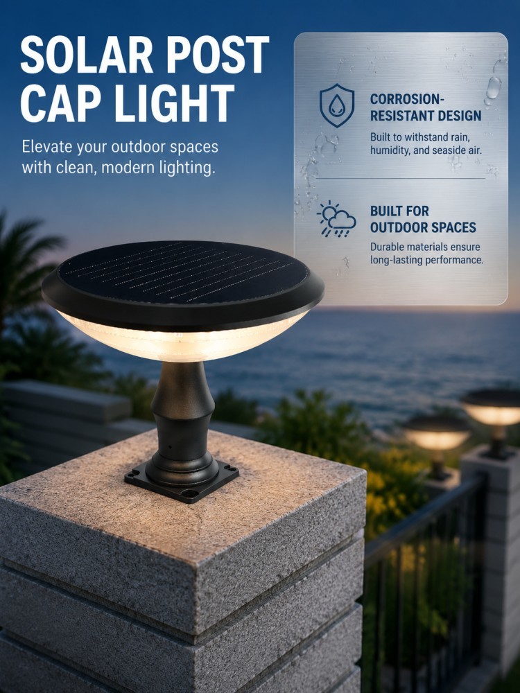 30W 1800LM Round Shape OSRAM 2835 LED Solar Post Cap Light IP65 Waterproof Die Cast Aluminum 3 To 5 Rainy Days For Courtyard Villa Pillar
