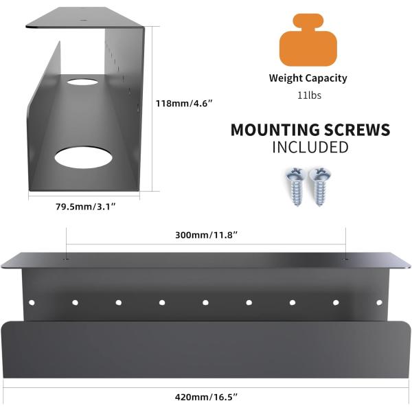 Under Desk Cable Management Tray 16.5 Sturdy Metal Power Strip Holder, Standing Desk Cable Tray Organizer for Cords