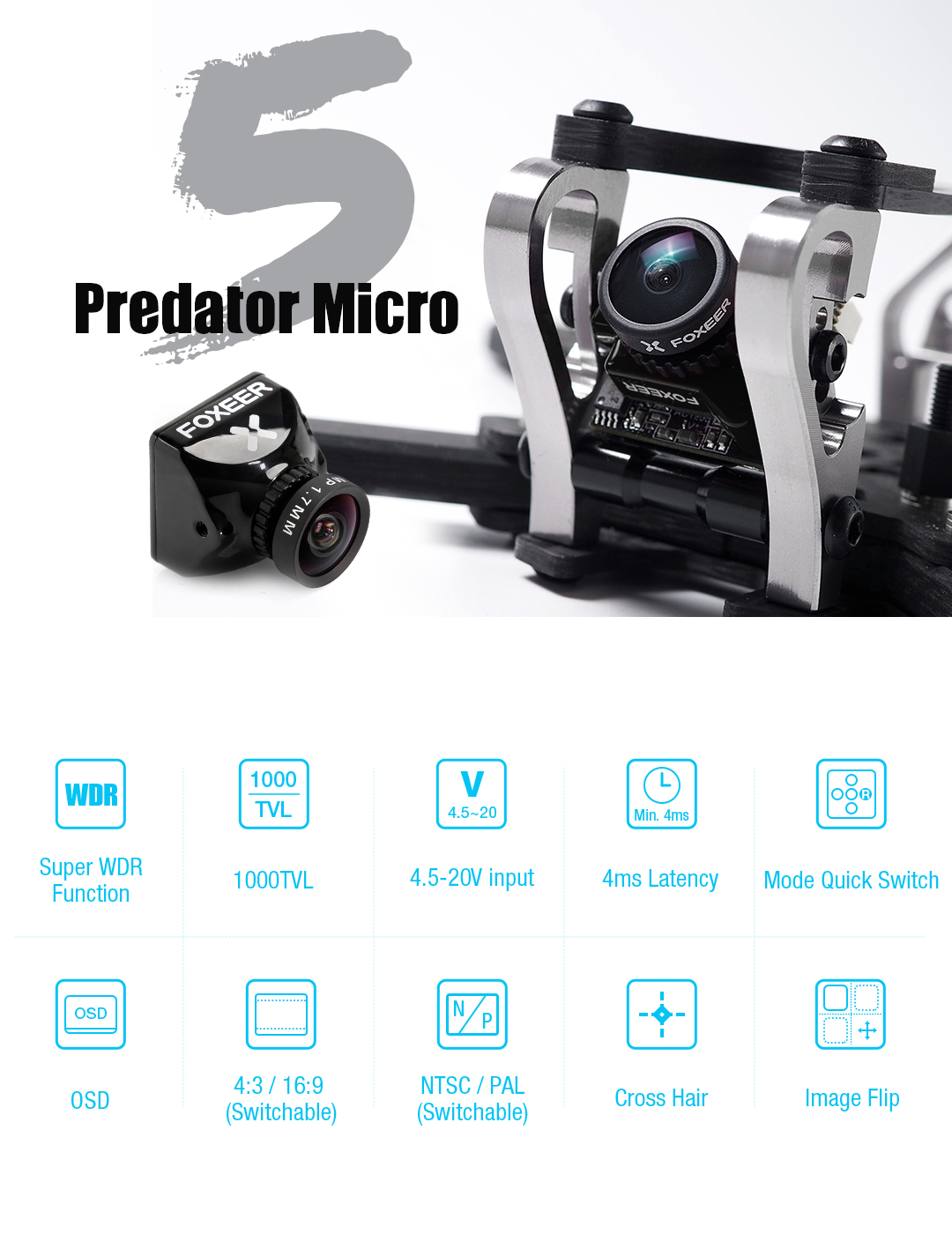 Hot Sales Foxeer Mini/Micro/Nano Predator 5 Full Case Plug Connector Racing Camera 4ms Latency Super Drone For RC FPV Module