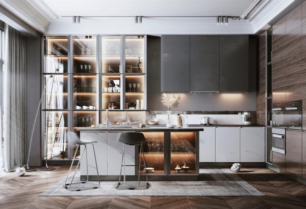 L-Shape Lacquer Matte MDF Melamine Shaker Kitchen Cabinet Door Waterfall Island