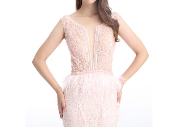 Embroidery Beading Pink Long Evening Dresses , Ladies Long Evening Dresses With Pinion