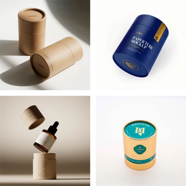 Custom printing of high-quality skincare and perfume bottles and cylindrical paper tubes.