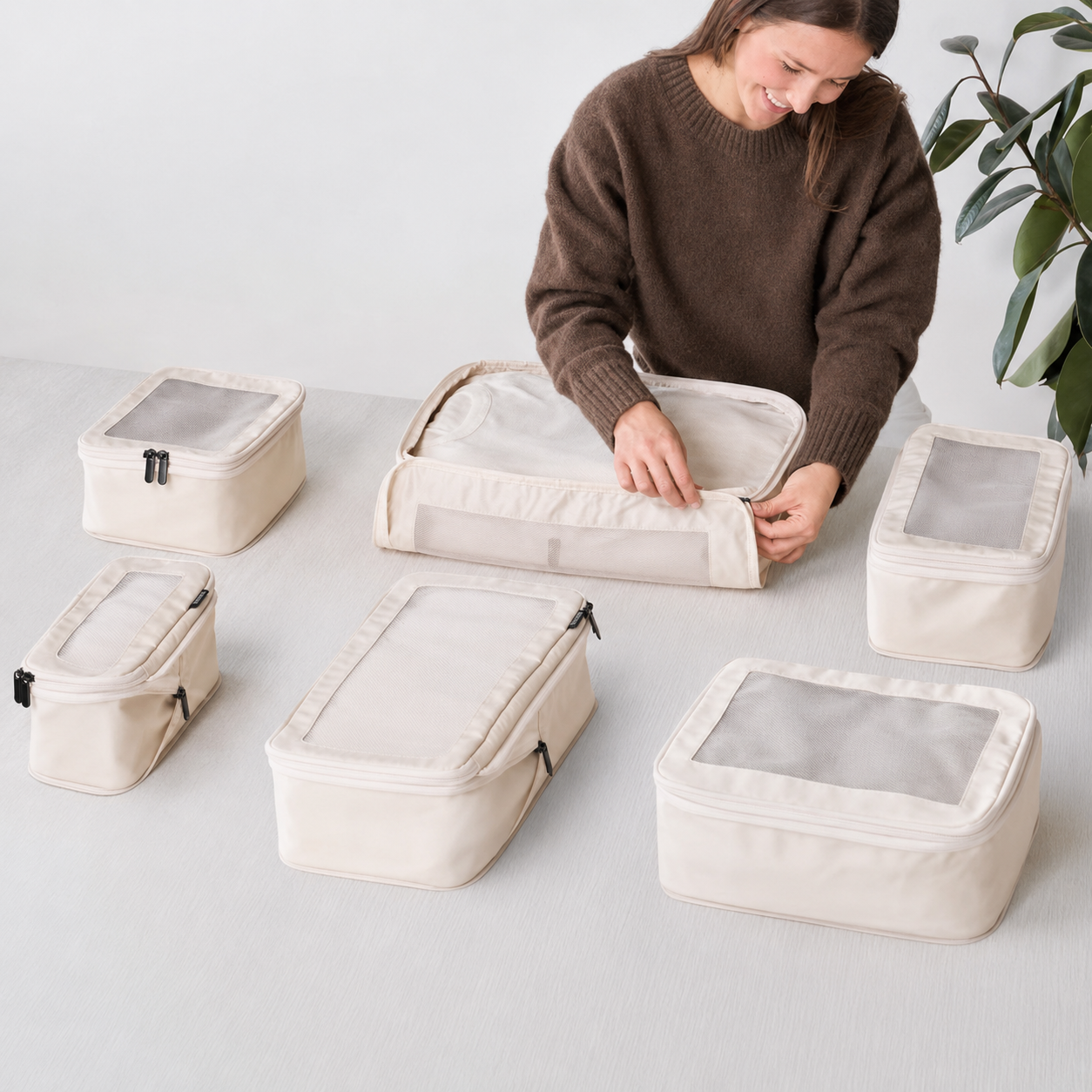Compression Packing Cubes for Travel, 6-Piece Luggage Organizer Set with Expandable Storage Bags, Space Saving Travel Packing Cubes for Suitcases, Beige