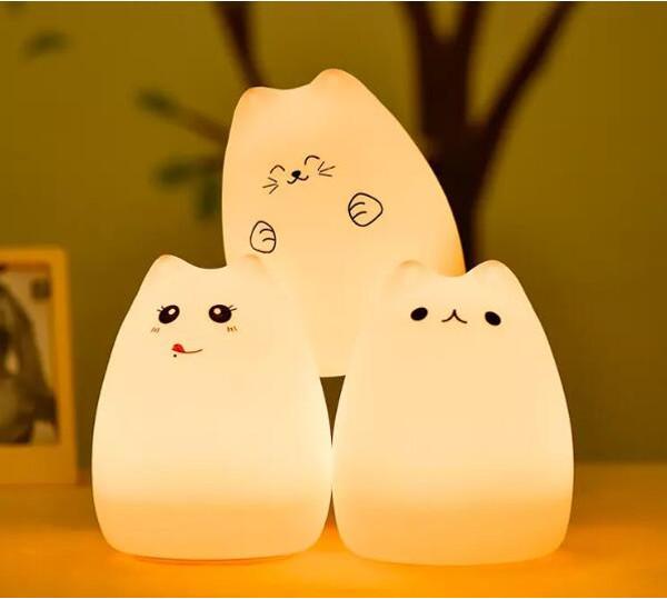 USB Charge Carton Silicone Night Light Multicolor Cute Cat Silicone Soft Nursery Lamp
