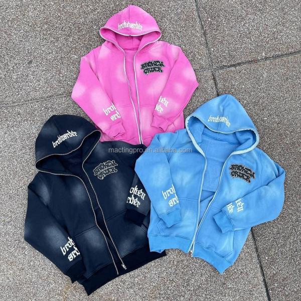 Labels Unisex Men'S Hoodies Set Custom Full Zip Up Hoodie Tracksuit Acid Wash Sweatsuit