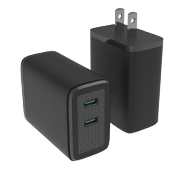 Dual USB-C GaN Charger With 65W Max Output PD Multi-protocol 110-240V Global Voltage Black / White
