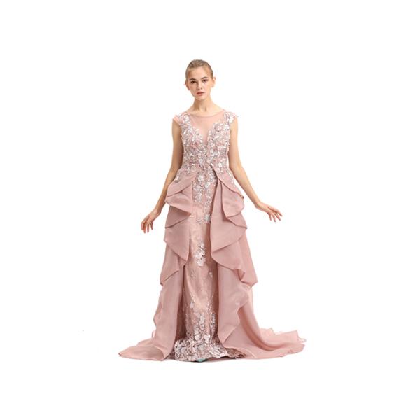 Unique Inki Pink Long Arabic Evening Dresses / Flower Decor Muslim Party Gown