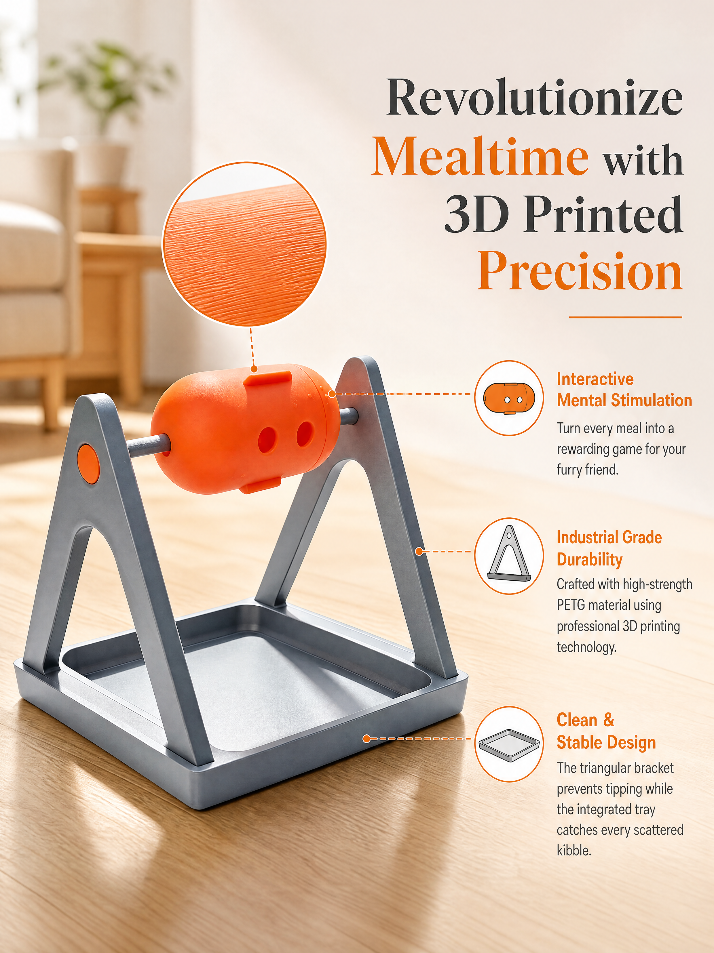 Smooth Layered Craft 3D Printed Pet Accessories with Detachable Orange Roller for Small Canine Training