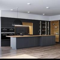 Custom Luxury Wood Grain MDF Resistente a la humedad Armarios de cocina sin marco Proyecto rascacielos de Dubai