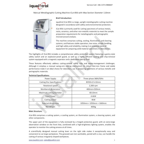 Manual Metallographic Cutting Machine 400x320mm Working Table Sample Cutting Machine