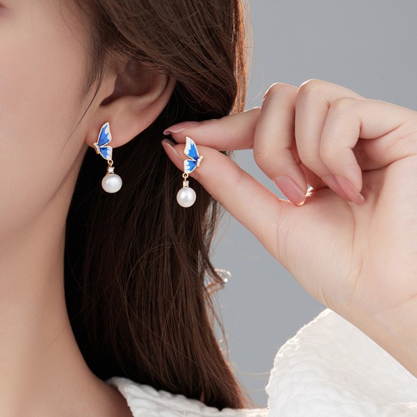 Fashion Maple Leaf Pearl Earring 14K Gold Plated Flower Studs 925 Silver Needle Hypoallergenic Butterfly Earrings