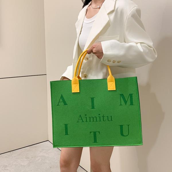 Portable Promotion Custom Printed Logo Felt Tote Bag Handbags Wool Felt Grocery Shopping Tote Bag Wholesale Fashion Women Daily Felt Gift Tote Bag With Outer Pocket