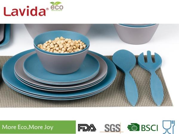 Blue And Gray Bamboo Fiber Dinnerware , Natural Plant Fibre Printed Bamboo Dinner Set