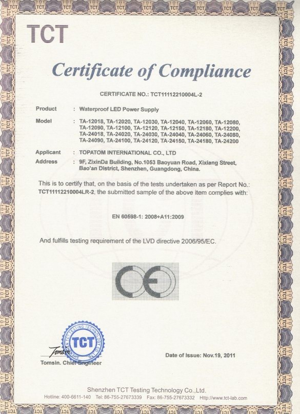 Shenzhen Vasten lighting Co.,ltd Сертификации