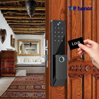 TH-506 preto de alumínio fechaduras de porta automática de entrada inteligente código biométrico chave de cartão Tuya