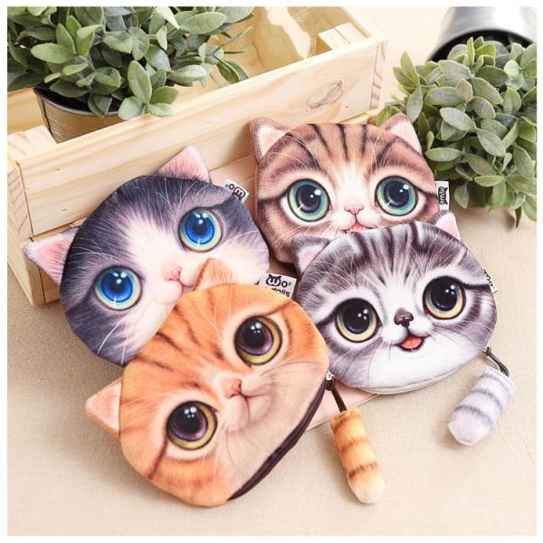 Customized Color Plush Make-up Bag with 3D Cat Coin Purse and Animal Print Tail Zipper