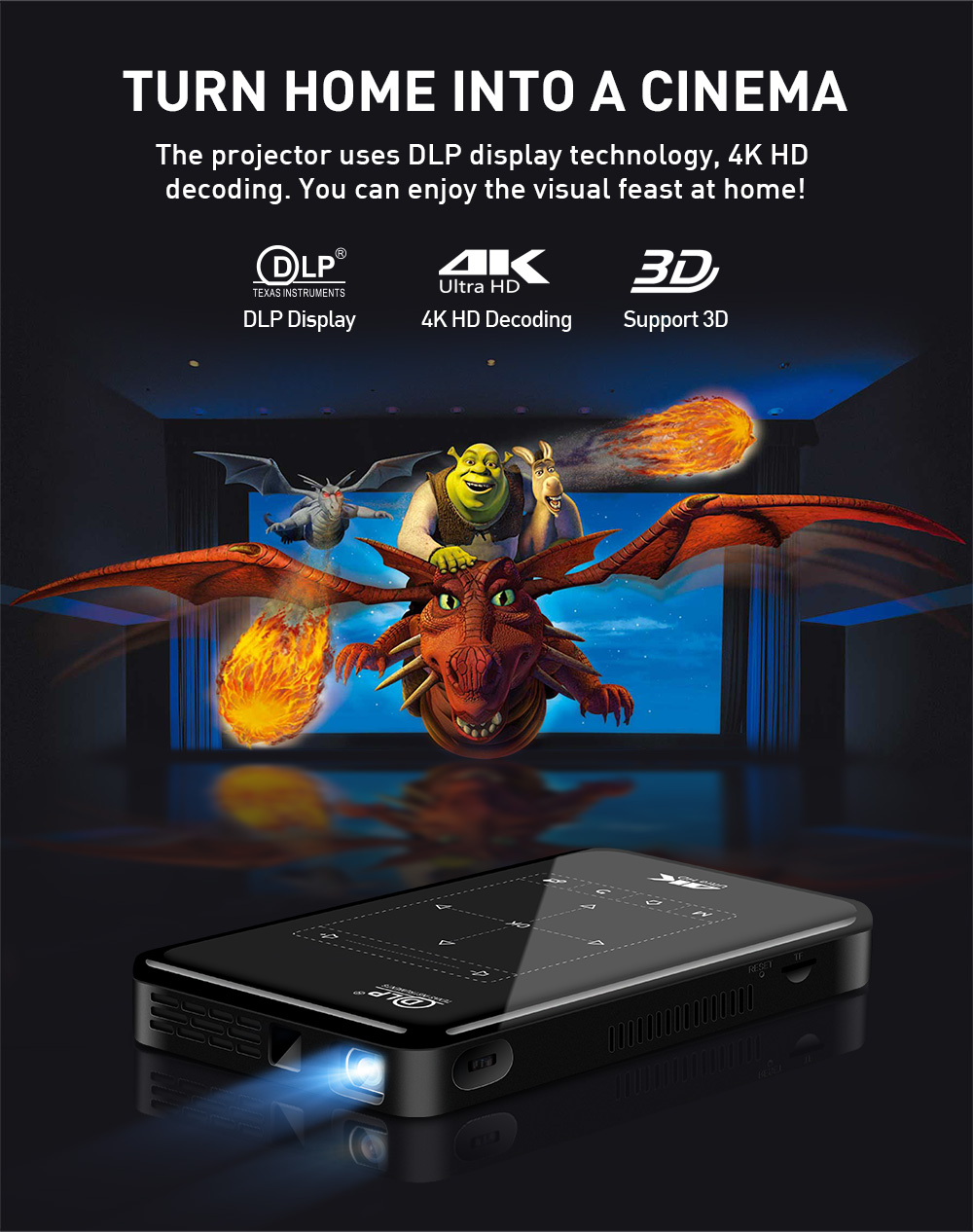 Репроектор DLP репроектора кармана DLP 4K управлением инфракрасн мини портативный расшифровывая воспроизведение 3D