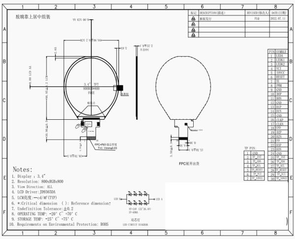 3.4 Inch Circular Lcd Display 800*800 Dots 30PINS MIPI Interface Driving IC D9365DA 300CD/M2
