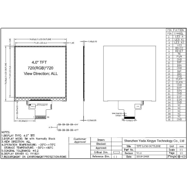 YY1821 IC 720x720 IPS TFT Display Module Panels 3.95 Inch Square