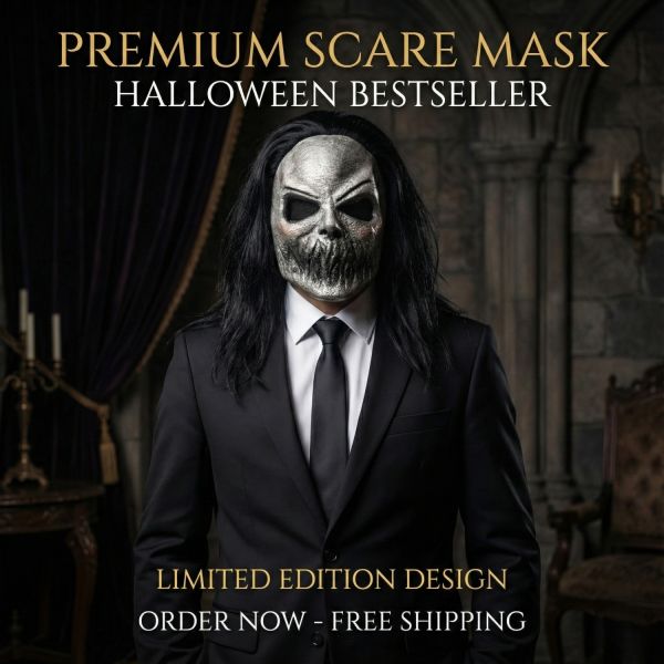Realistic Sinister Ghoul Mask with Black Wig - Gory Jaw, Blackout Eyes - Halloween, Horror, Zombie Cosplay Costumes, Spooky Display