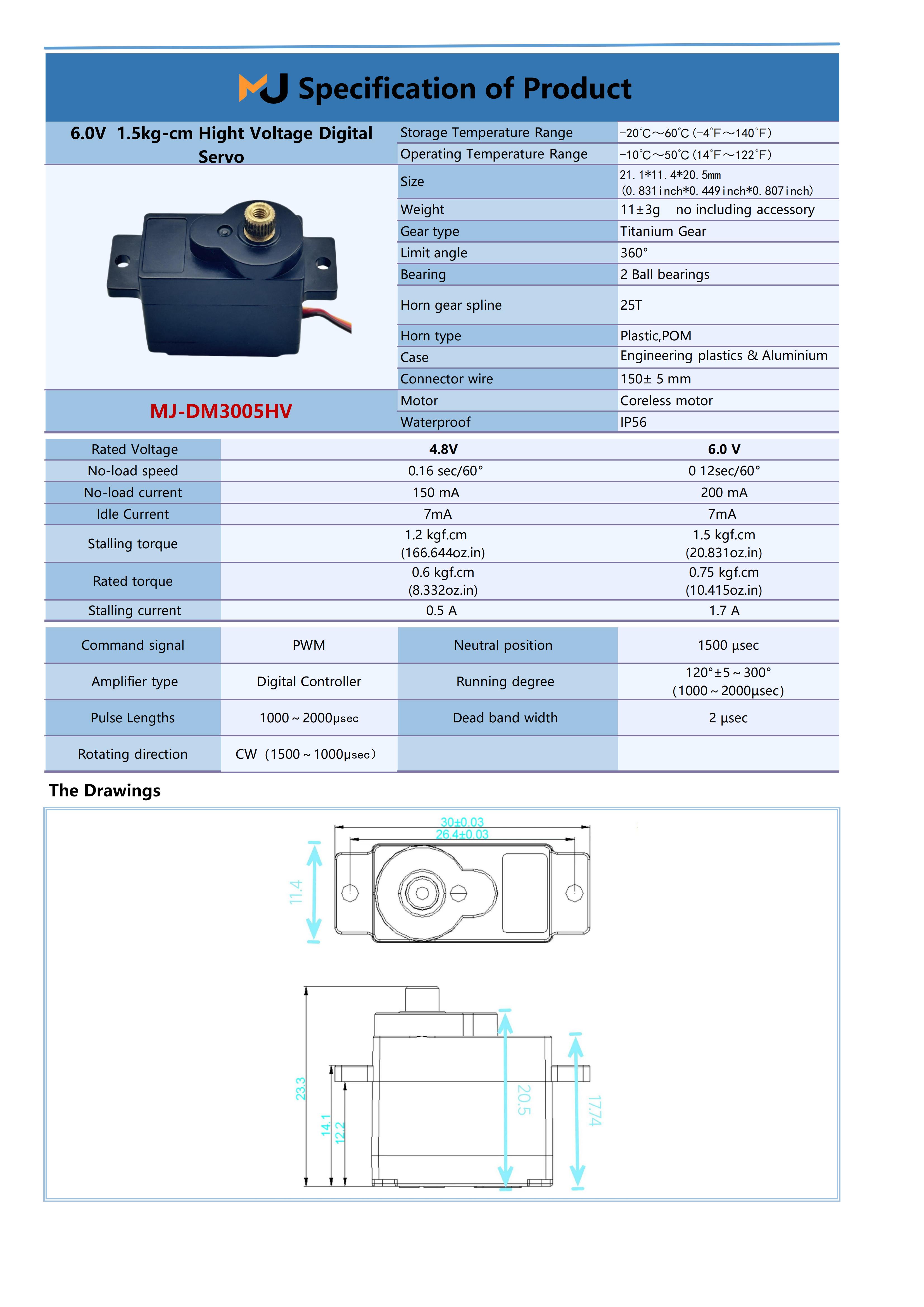 Hot Selling Customized Mini Dm3005mg 1.5kg-Cm 0.12sec/60° Servo