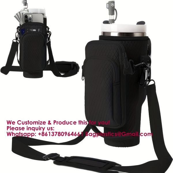 Water Bottle Carrier Bag With Phone Pocket For Stanley 40 & 30 Oz Tumbler With Handle,Pink Insulated Neoprene Cup