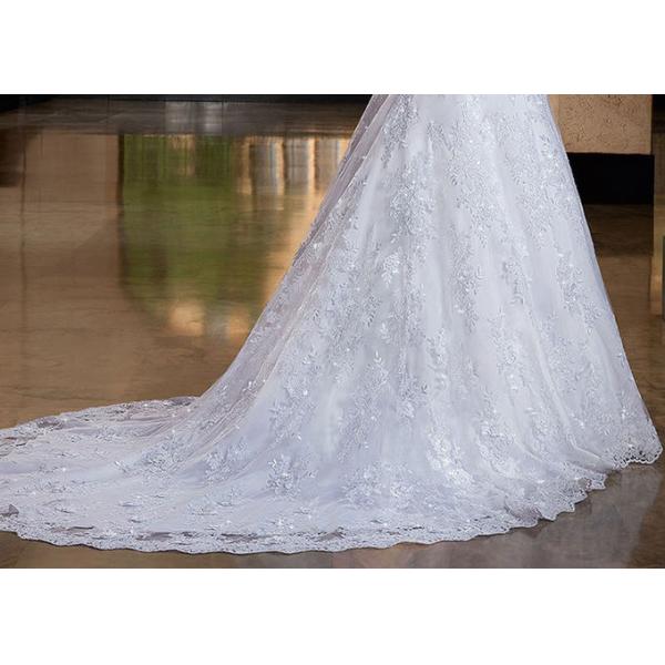 Long Tail A Line Bridal Gowns , Long Sleeve Lace Wedding Gown V Neck With Beads