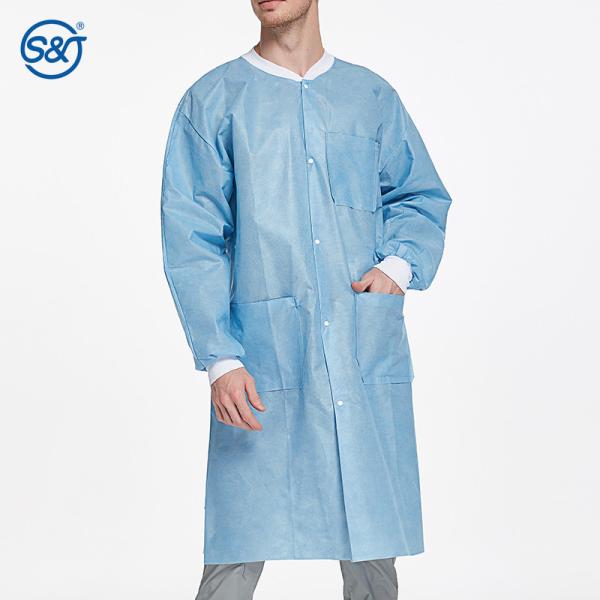 High Performance Premium Quality SMS Disposable Lab Coat With Knitted Cuffs and Collar Light Blue