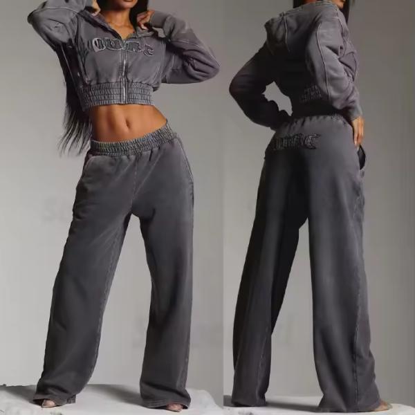 Custom Women Sweatsuit Acid Wash Zip Applique Distressed Embroidery Patch Cropped Hoodie and Sweatpants