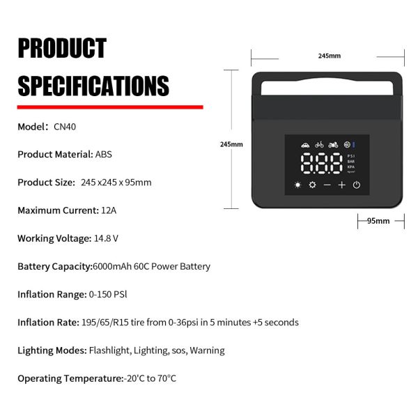 6 In 1 Wireless Portable Car Power Bank Jump Starter With Tire Inflator Blower LED Digital Display