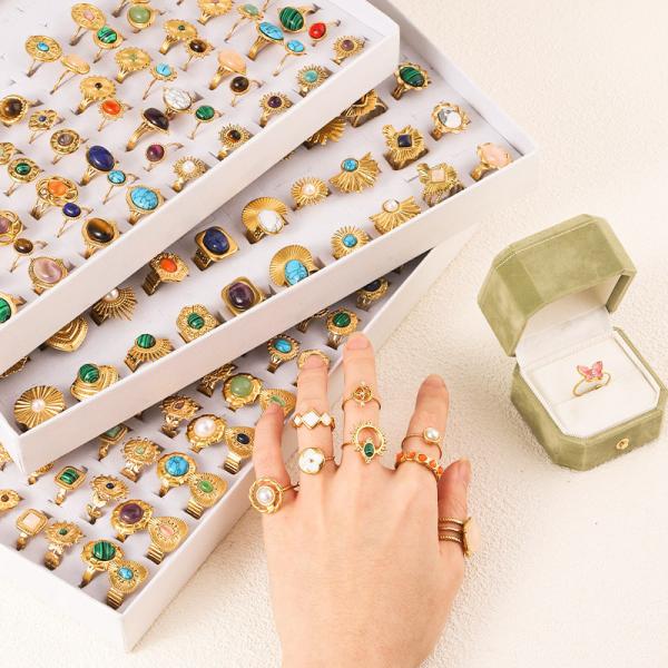 Bague en or pour couple en acier inoxydable avec pierre naturelle d'opale, sans