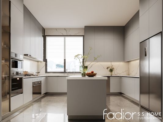 Modern U-Shaped Stainless Steel Kitchen Cabinets With Island And Integrated Appliances