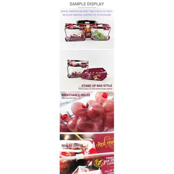 Handheld Transparent PET Zipper Fruit Packaging Bag-Durable Fresh Produce Storage Pouch with Handle for Grapes/Cherries